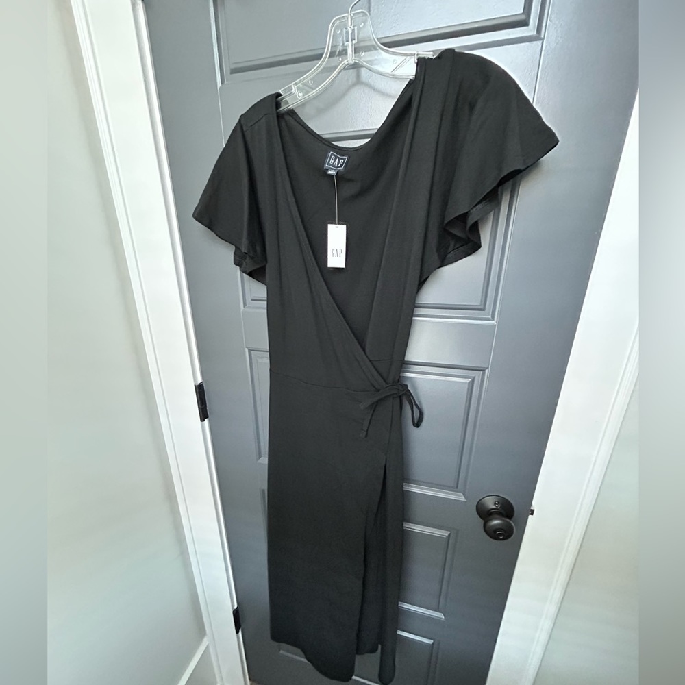 New GAP Medium / M Black Midi Wrap Dress with Flutter Sleeves